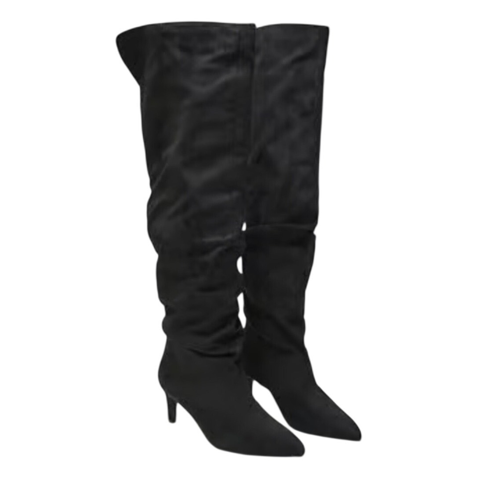 Madden Black Faux Suede Slouchy Thigh High Pointed Toe Stiletto Kitten Heel Boot